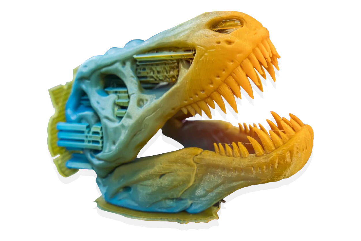 An additive manufactured a dinosaur head.