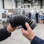 Engineer flexing a black protective bellows in a manufacturing facility