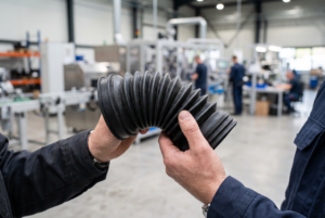 Engineer flexing a black protective bellows in a manufacturing facility